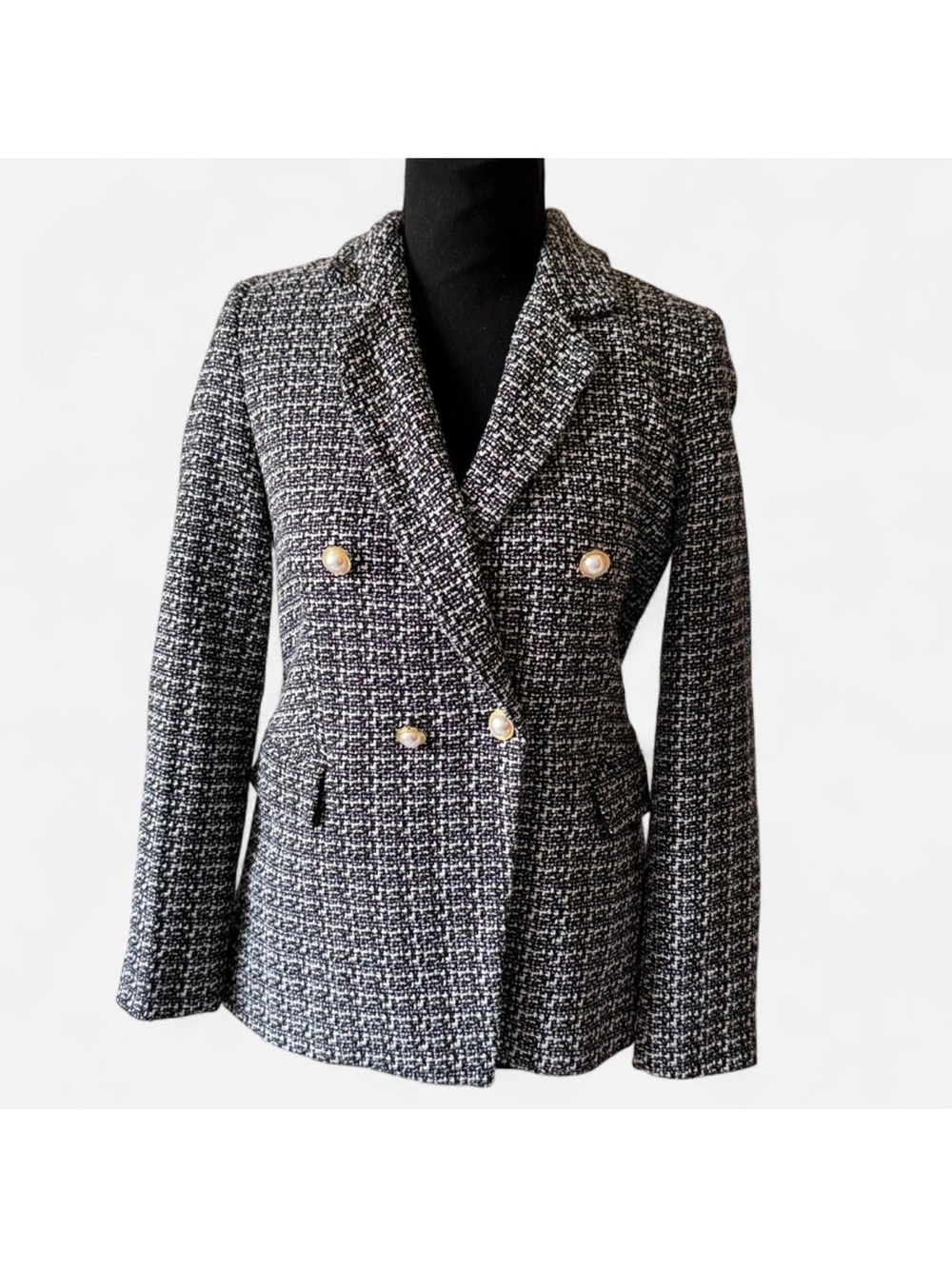 Nanette Lepore Black & White Tweed Double-Breasted Blazer